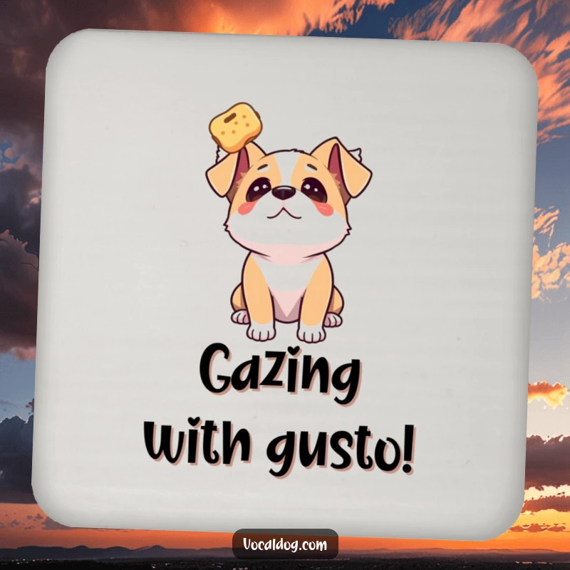 Funny dog drink coasters showcasing a dog gazing upwards with adoration at a floating treat, protecting surfaces.