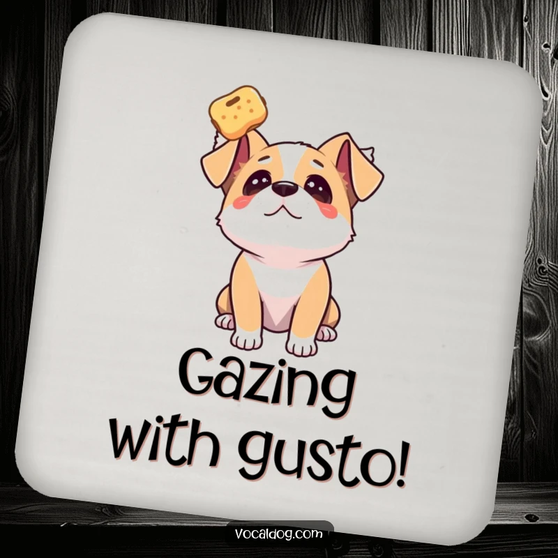 Funny dog drink coasters showcasing a dog gazing upwards with adoration at a floating treat, protecting surfaces.