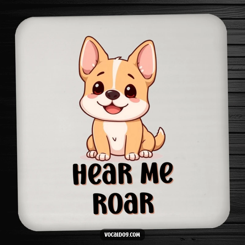 Funny dog coasters showing a happy dog with its ears perked up, listening intently with a warm and friendly expression.