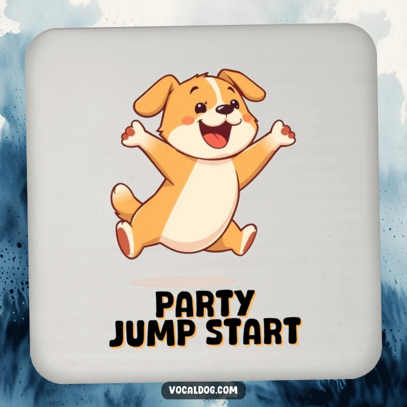Funny drink coasters depicting a dog character in a joyful, energetic leap, full of pure delight and motion.