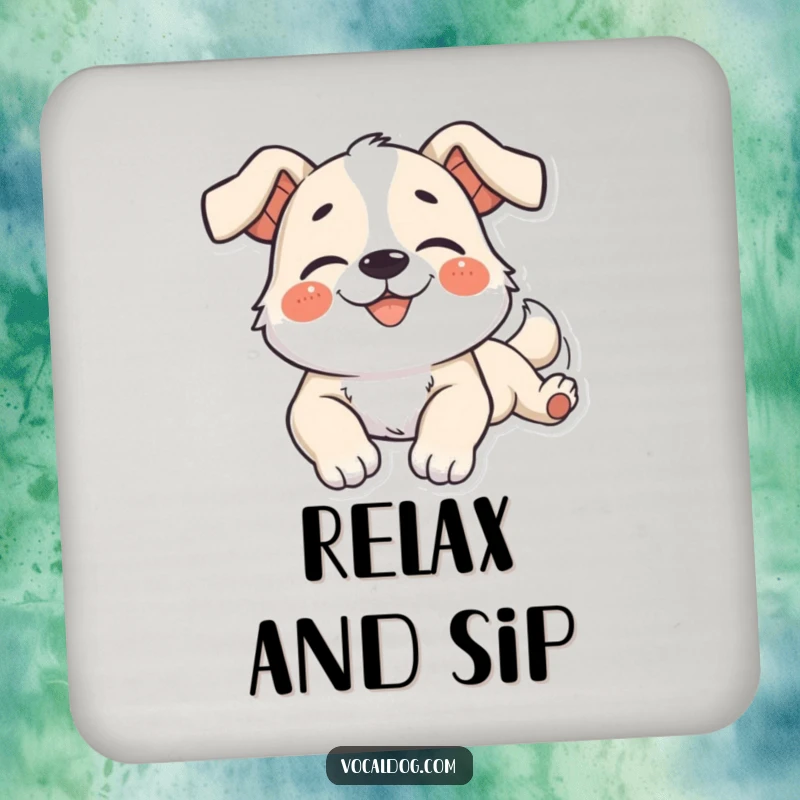 Funny Drink Coaster of a dog character in a languid stretch, wearing a blissful smile, adding calm protection.