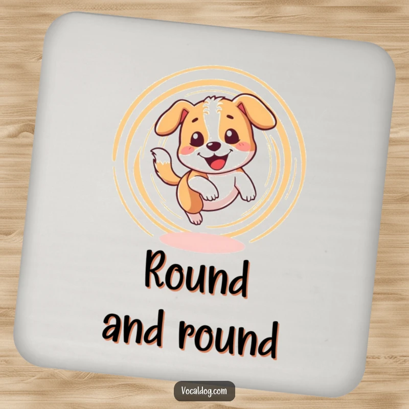 Funny drink coaster featuring a dog happily spinning in a dizzy circle while chasing its tail. Protects surfaces with humor.