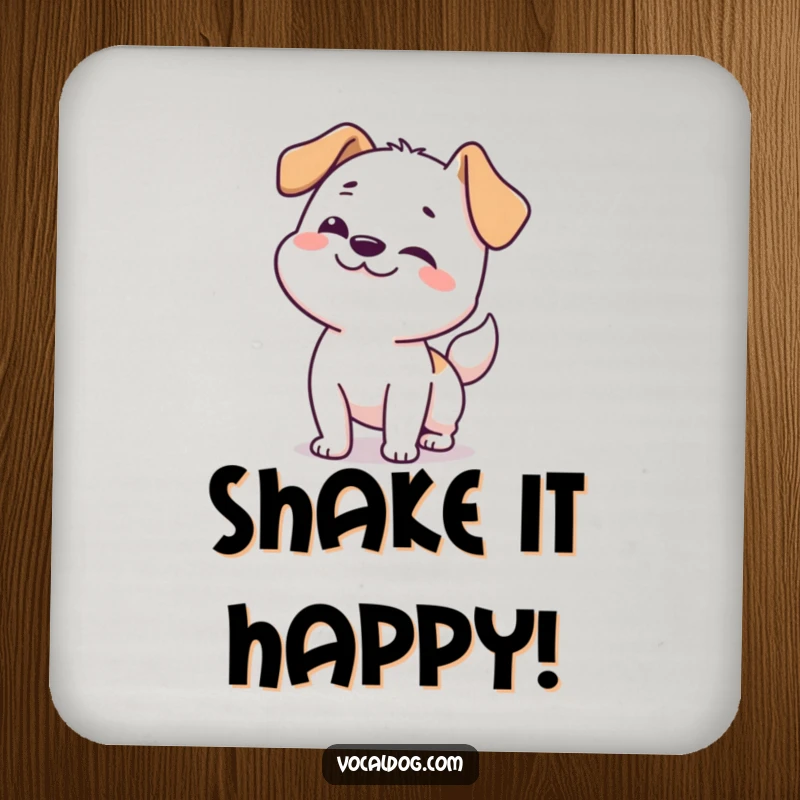 Funny dog drink coasters showcasing a happy dog doing a full-body wiggle, protecting surfaces with humor.