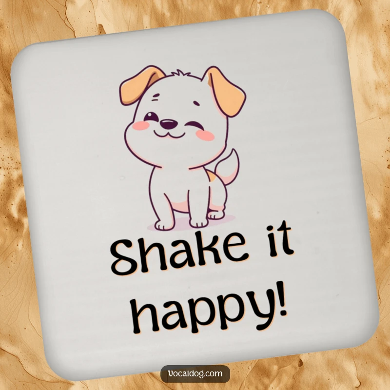 Funny dog drink coasters showcasing a happy dog doing a full-body wiggle, protecting surfaces with humor.