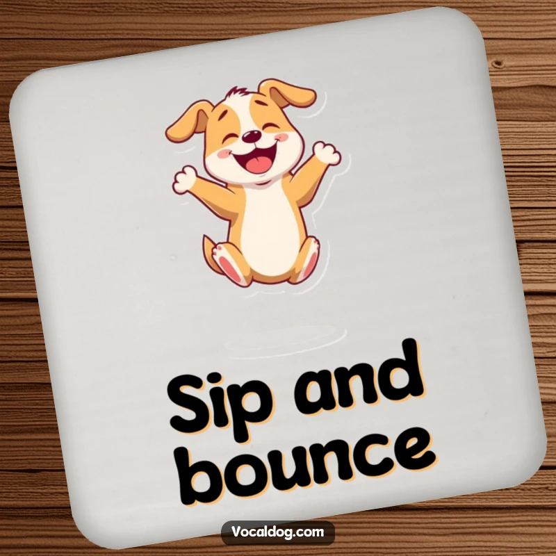 Funny drink coaster featuring an energetic dog bouncing on its hind legs, perfect for protecting surfaces with a smile.