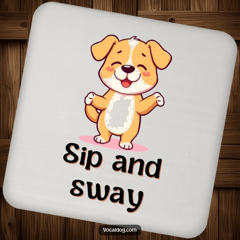 Funny drink coasters with a dog character dancing a jig, protecting surfaces with playful charm. A fun funny gift.