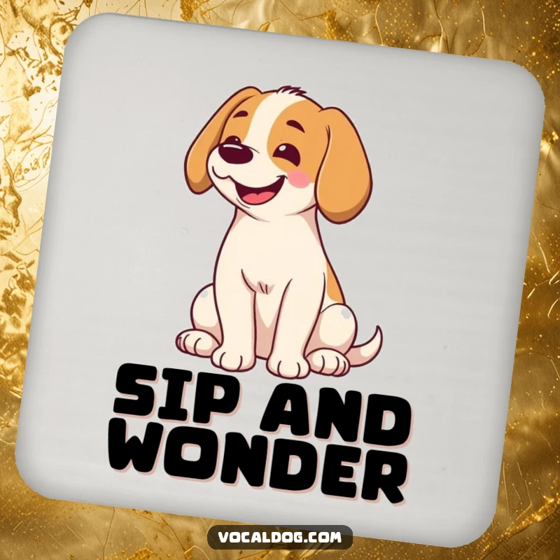 Funny drink coasters showcasing a dog with head tilted and a broad smile, adding a charming and humorous touch to protect surfaces.
