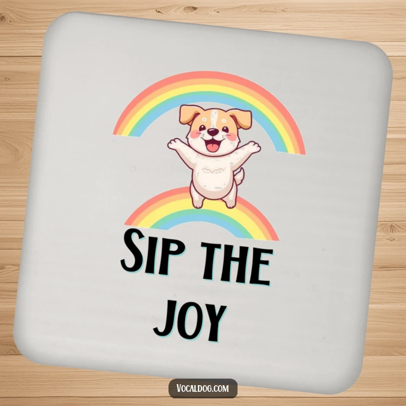 Funny drink coaster featuring a dog jumping over a bright rainbow, adding a touch of humor to tabletops.