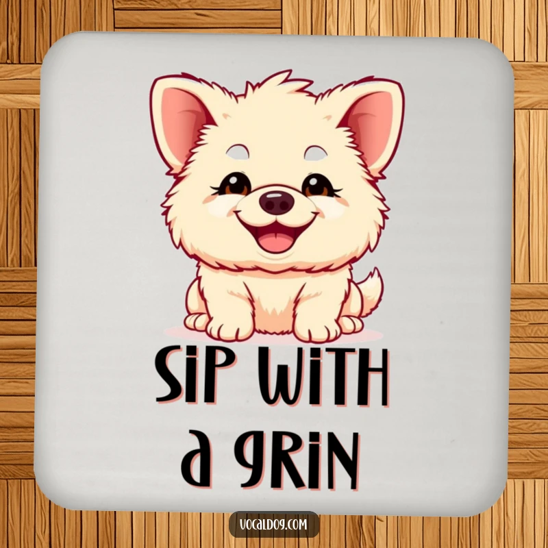 Funny fluffy dog coaster, a dog with comically large ears and a wide, happy smile, adding humor and protecting surfaces from drinks.