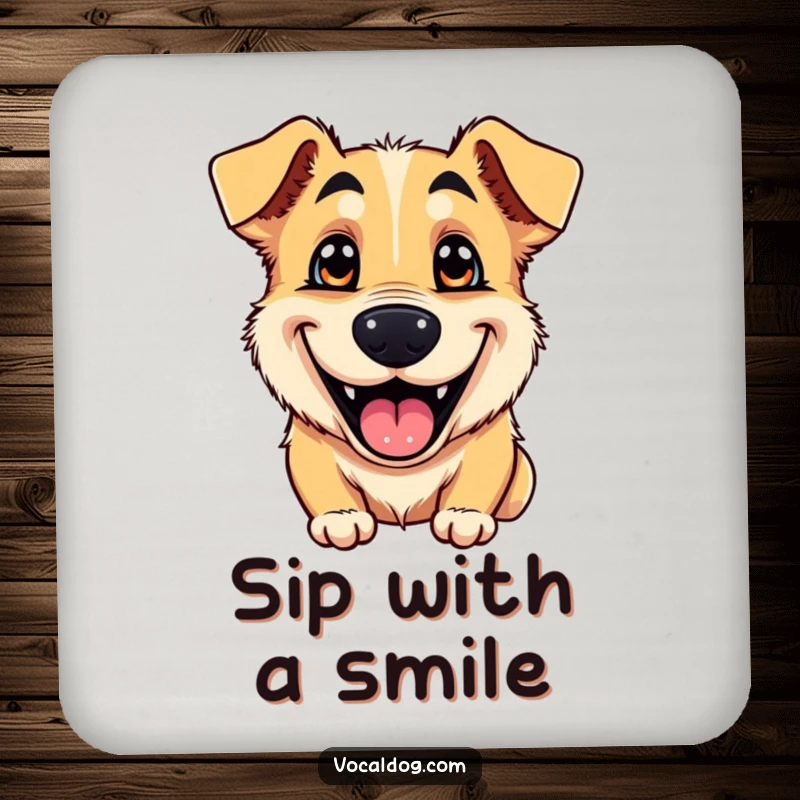 Funny coasters featuring a dog’s wide, goofy grin and sparkling eyes, adding a cheerful touch to your drink service.