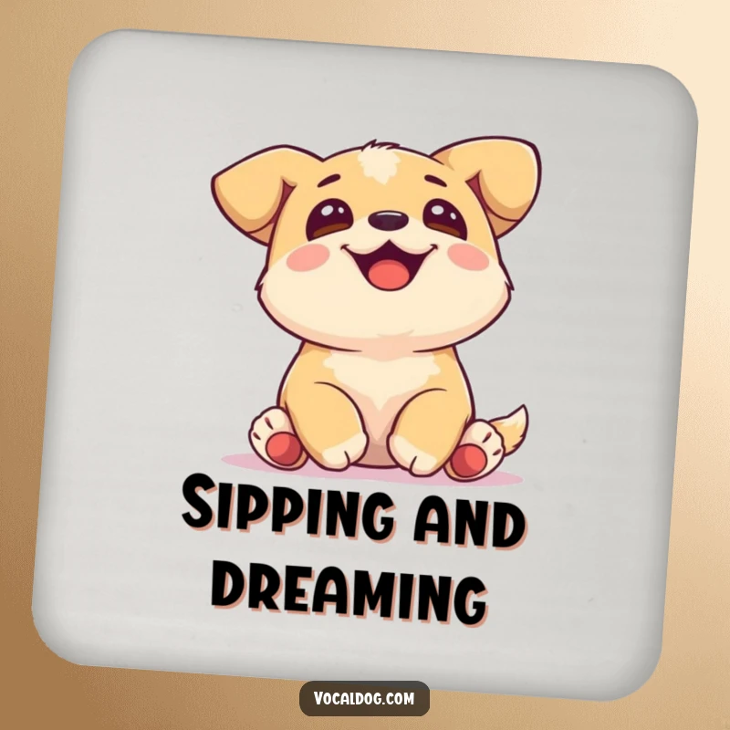 Funny Coasters showcasing a joyful dog with tucked paws, gazing upwards with serene bliss, protecting surfaces.