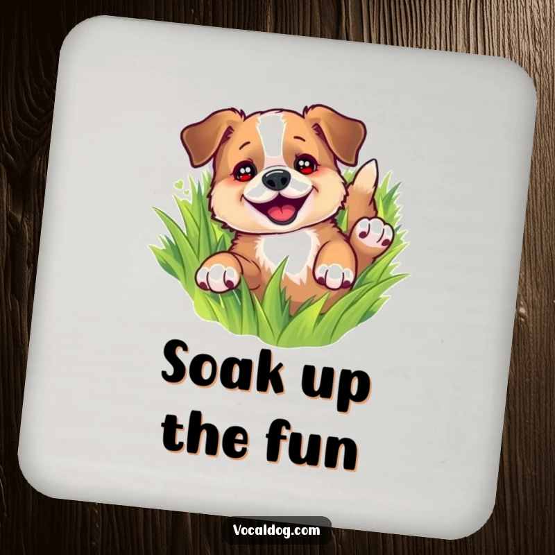 Funny coaster featuring a dog joyfully rolling in green grass, eyes sparkling, adding a humorous canine touch to your home, protective accessory.