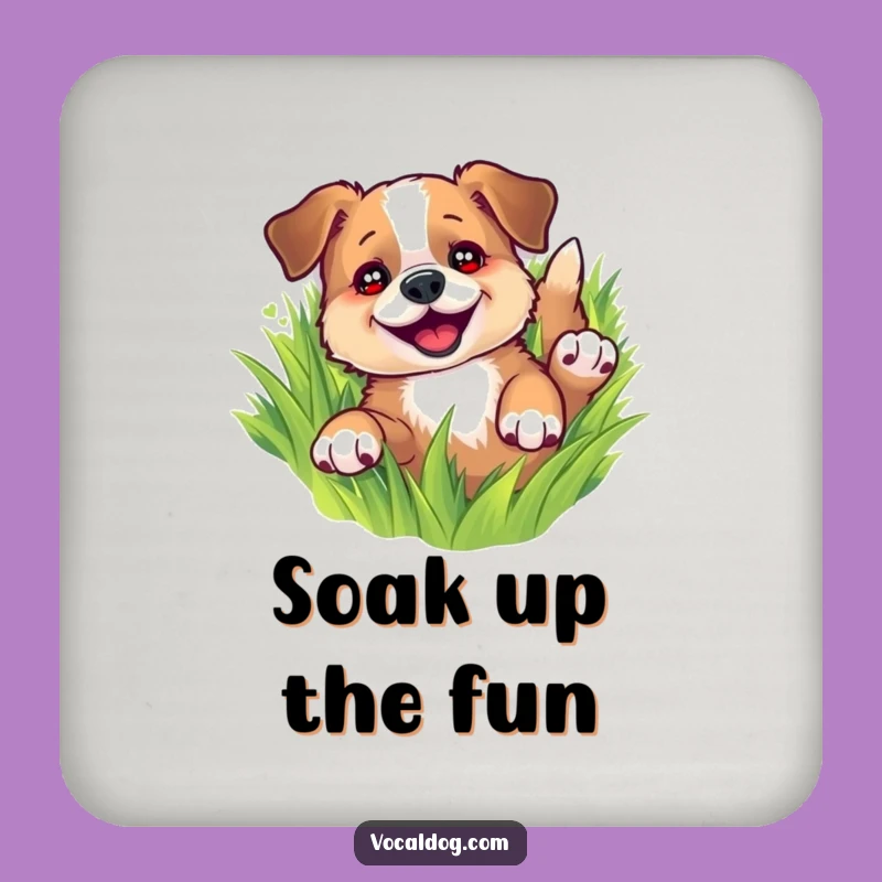 Funny Dog Rolling in Grass Coaster: Protect Surfaces with Pup's Pure Bliss