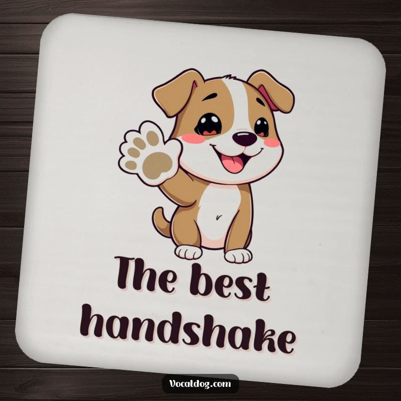 Funny drink coasters featuring a friendly dog character offering its paw, providing a cute and humorous way to protect surfaces from spills.