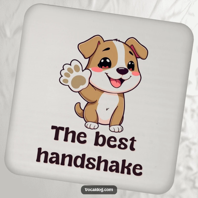 Funny drink coasters featuring a friendly dog character offering its paw, providing a cute and humorous way to protect surfaces from spills.