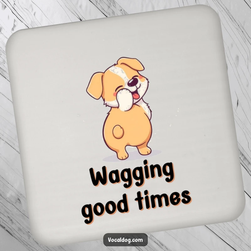 Funny drink coaster with a dog's tail blurred in a happy, circular motion, adding humor to any surface.