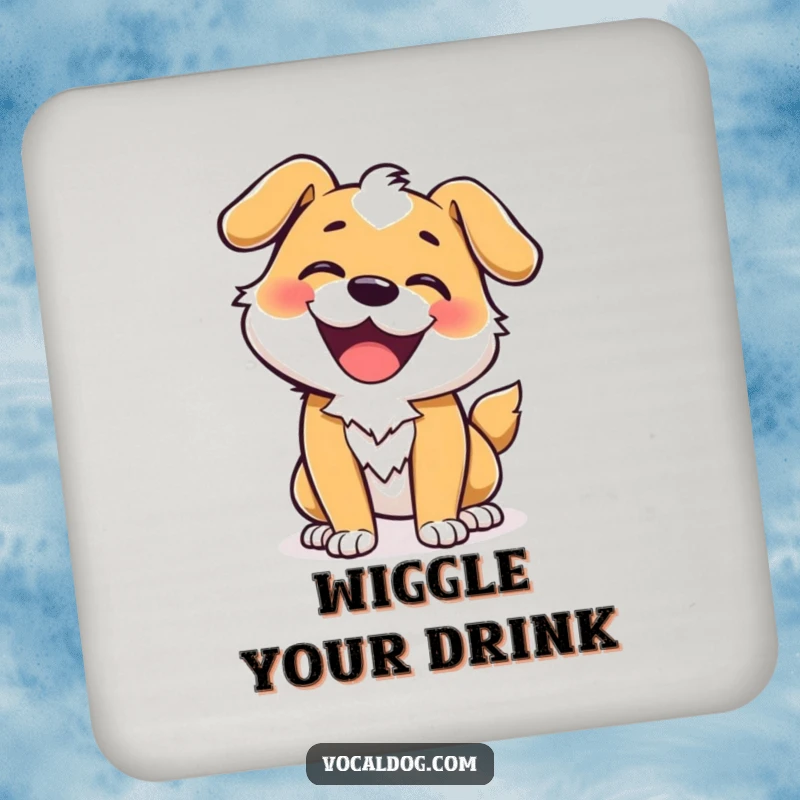 Funny drink coasters with a design of a dog doing an ecstatic wiggle, full of vibrant energy.