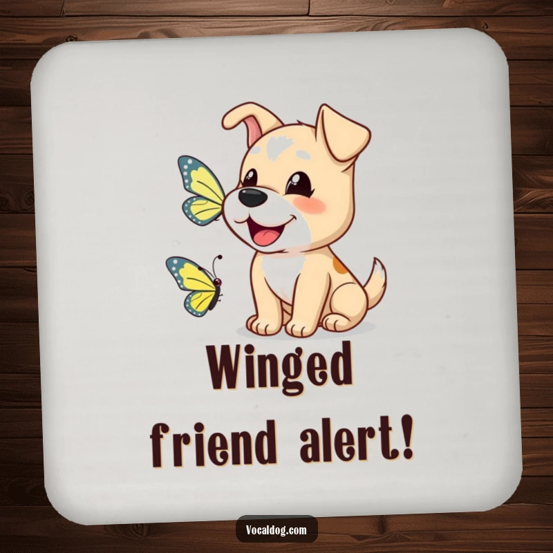 Funny dog drink coasters showcasing a happy dog barking a greeting to a butterfly, protecting surfaces with humor.