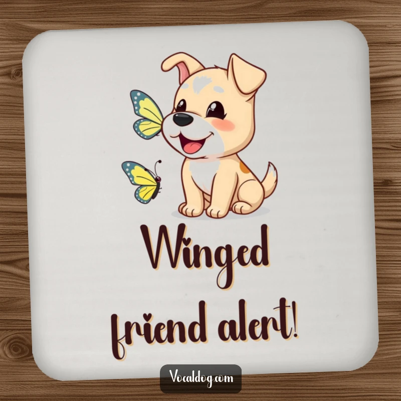 Funny dog drink coasters showcasing a happy dog barking a greeting to a butterfly, protecting surfaces with humor.