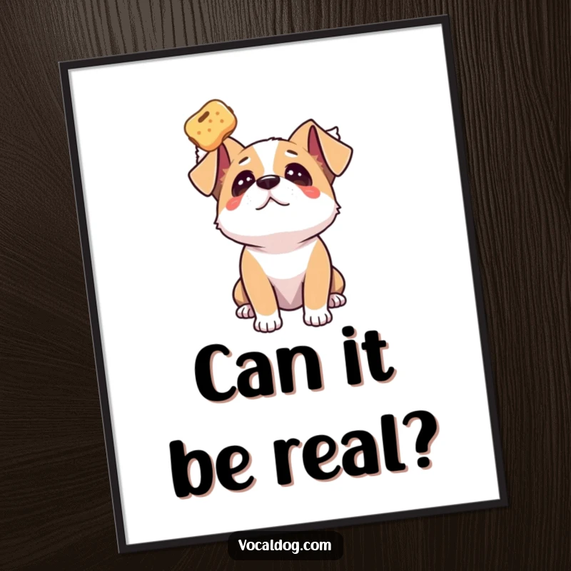 Funny dog poster illustrating a dog gazing upwards with pure adoration at a floating treat, symbolizing desire.