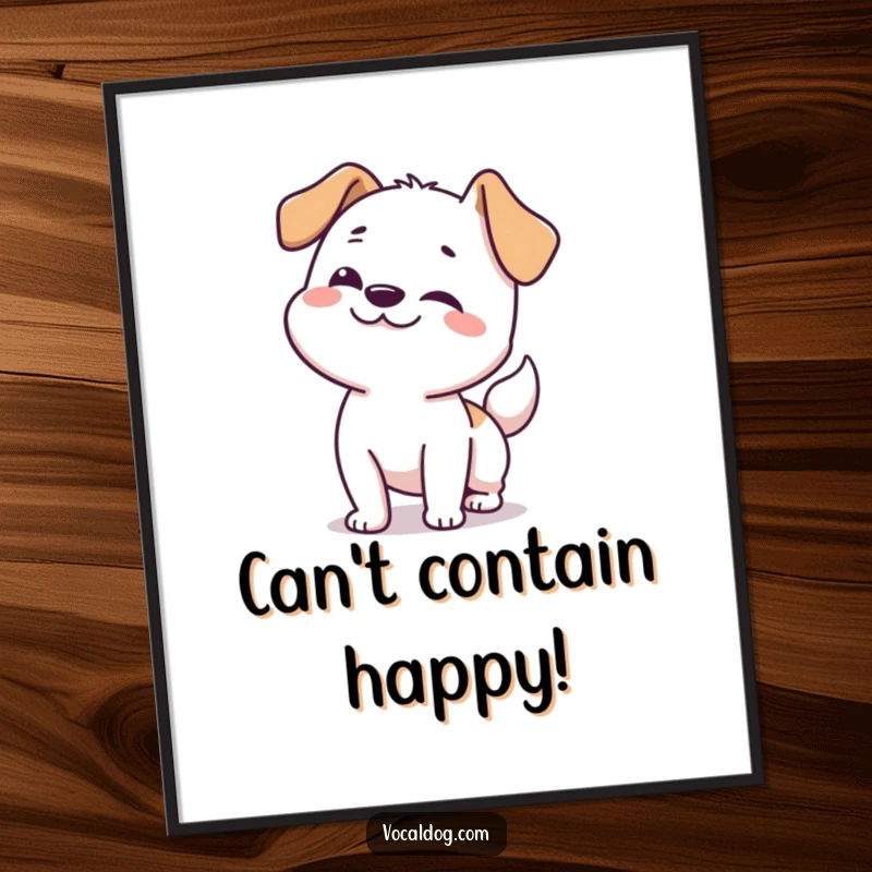 Funny dog poster illustrating a happy dog doing an energetic full-body wiggle from nose to tail, full of joy.