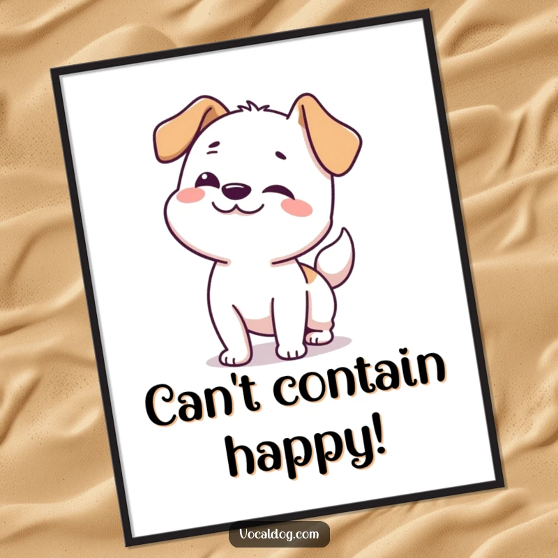 Funny dog poster illustrating a happy dog doing an energetic full-body wiggle from nose to tail, full of joy.