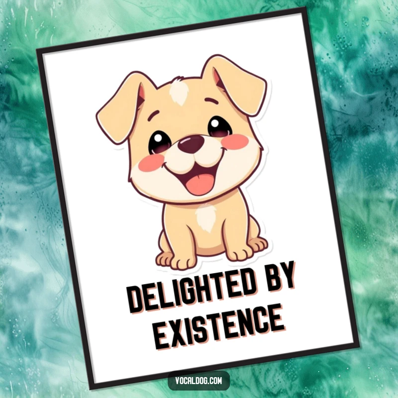 Funny Poster art of a happy dog with ears back, radiating pure delight and spreading cheerful happiness.