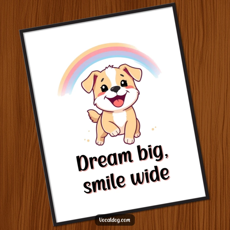 Funny poster showcasing a smiling puppy chasing a rainbow, representing hope, joy, and dreams.