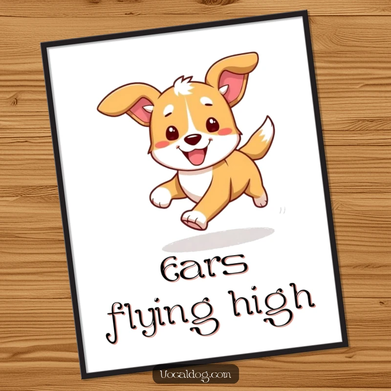 Funny poster art depicting a dog running at full speed, ears flying, capturing a moment of pure, uninhibited canine delight and movement.