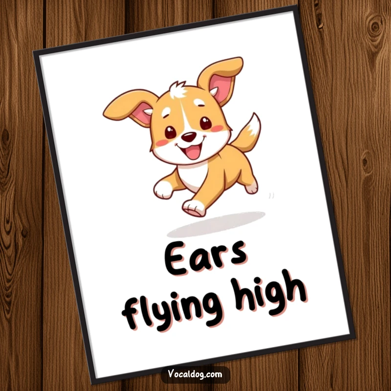 Funny poster art depicting a dog running at full speed, ears flying, capturing a moment of pure, uninhibited canine delight and movement.