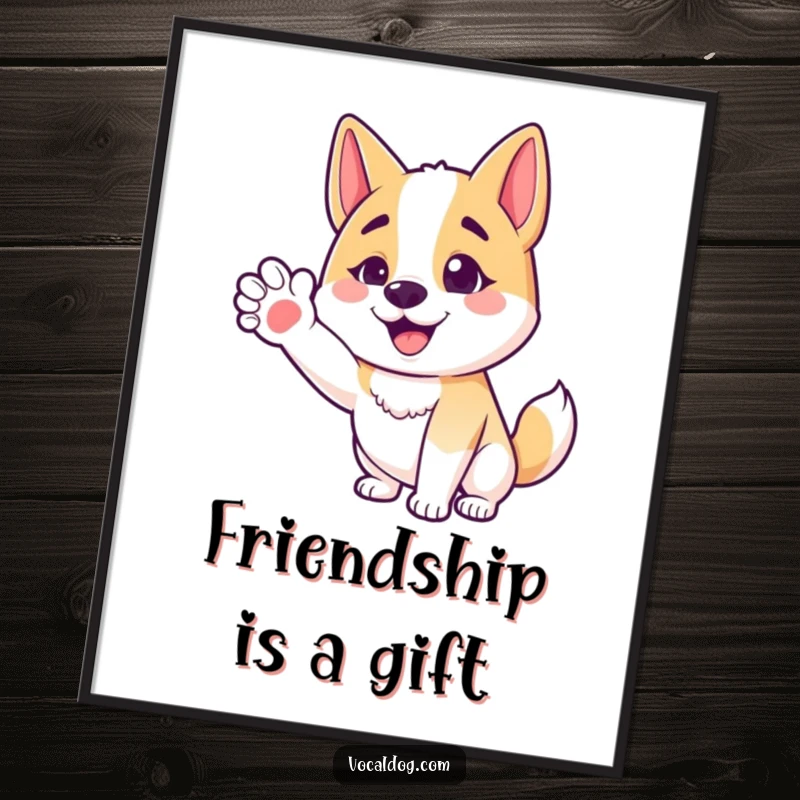 Funny poster showcasing a happy dog character with an outstretched paw, conveying a friendly and welcoming gesture.