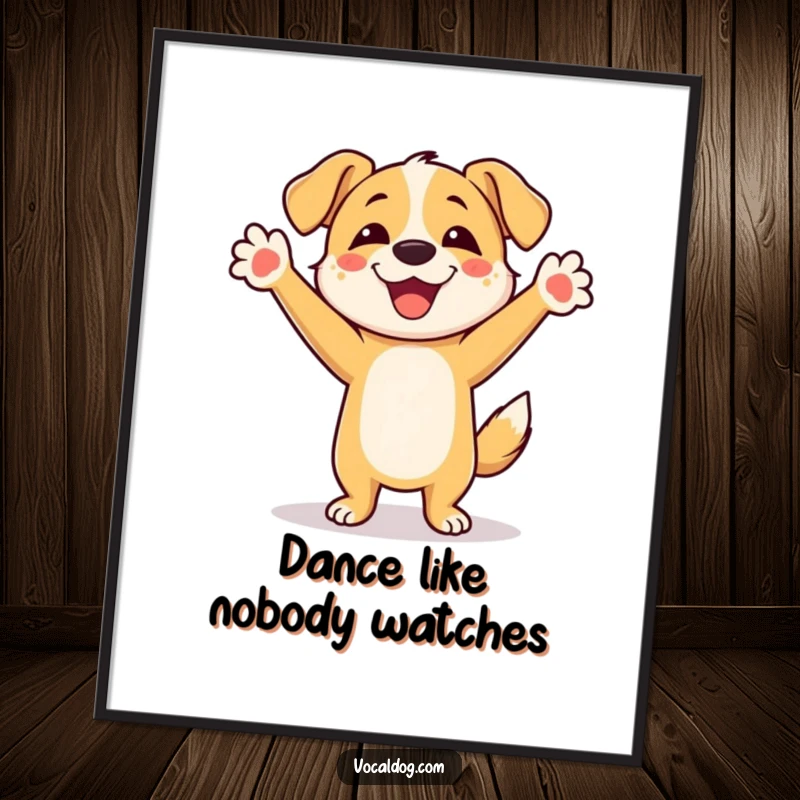 Funny Dog Poster: An art print of a joyful dog character in mid-dance, with its front paws enthusiastically lifted high in the air.