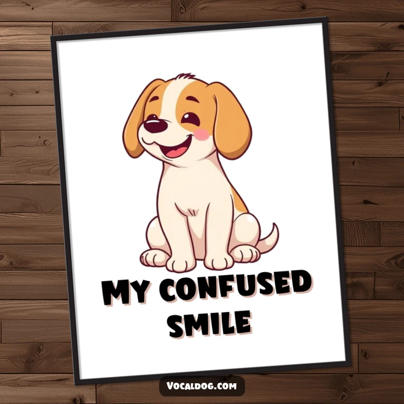 Funny poster featuring a dog sitting with its head tilted inquisitively and a big, happy smile, radiating warmth and adorable personality.