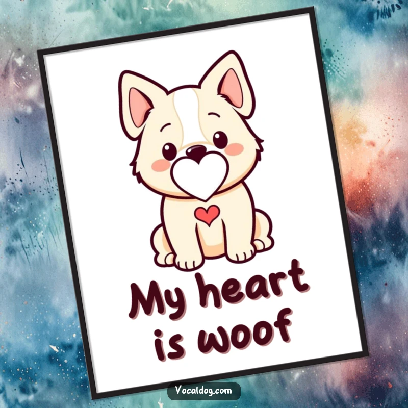 Funny dog poster with a stylized outline and a seamlessly integrated heart shape, celebrating the love of dogs.