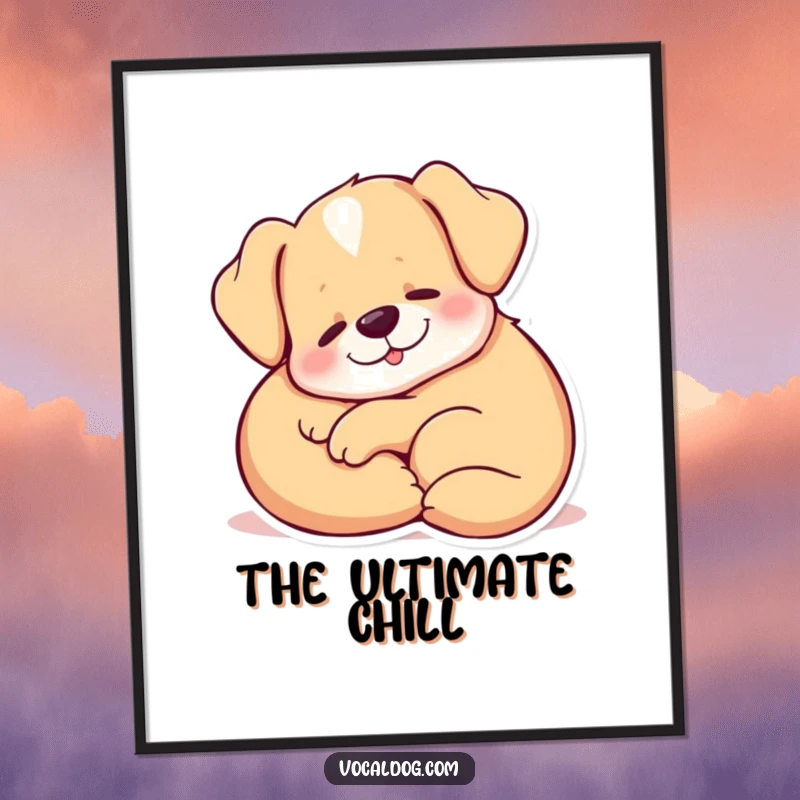 Funny Poster of a dog curled up comfortably, releasing a gentle, content sigh that radiates pure peace and relaxation.