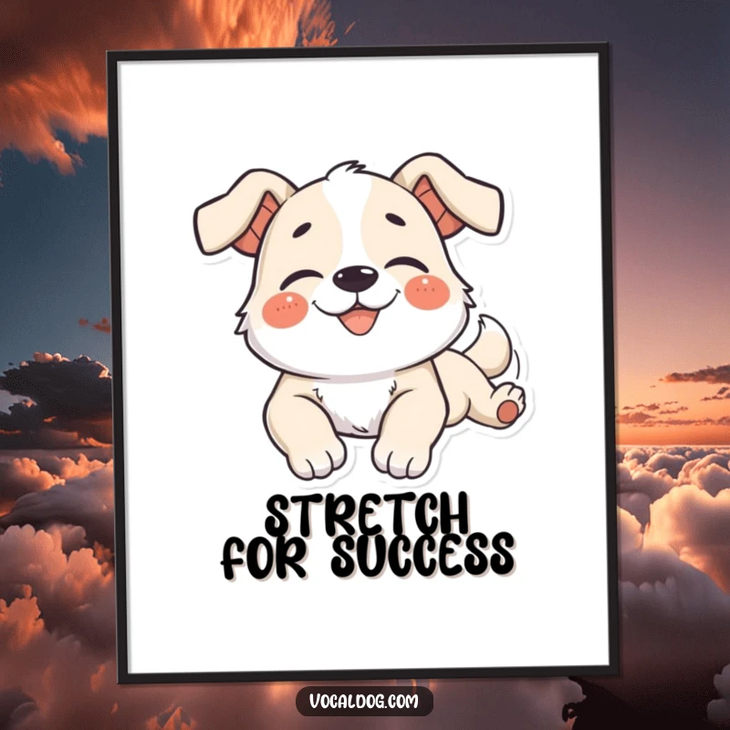 Funny Poster of a dog character stretching out languidly with a peaceful, blissful smile, embodying pure serenity.