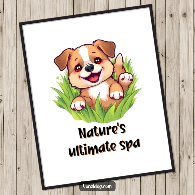 Funny poster art of a dog joyfully rolling in lush green grass, eyes sparkling, radiating pure happiness and carefree fun, wall decor.