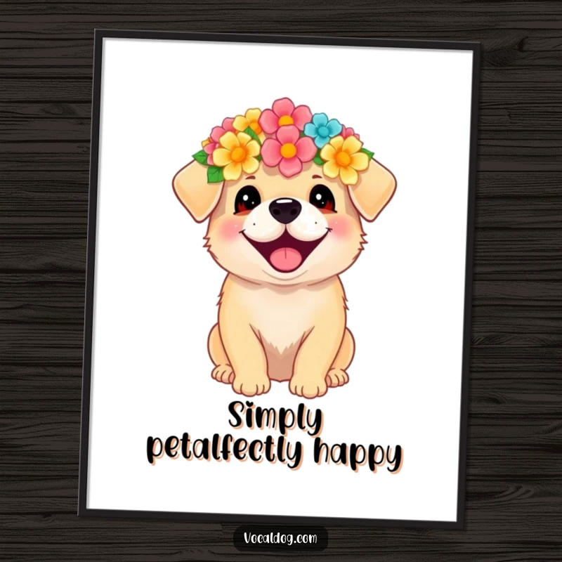 Funny poster art of a dog wearing a flower crown, radiating pure, unadulterated happiness and gentle beauty.