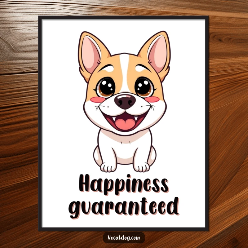 Funny poster featuring a dog with wide, sparkling eyes and an infectious, happy grin, radiating pure delight and excitement.