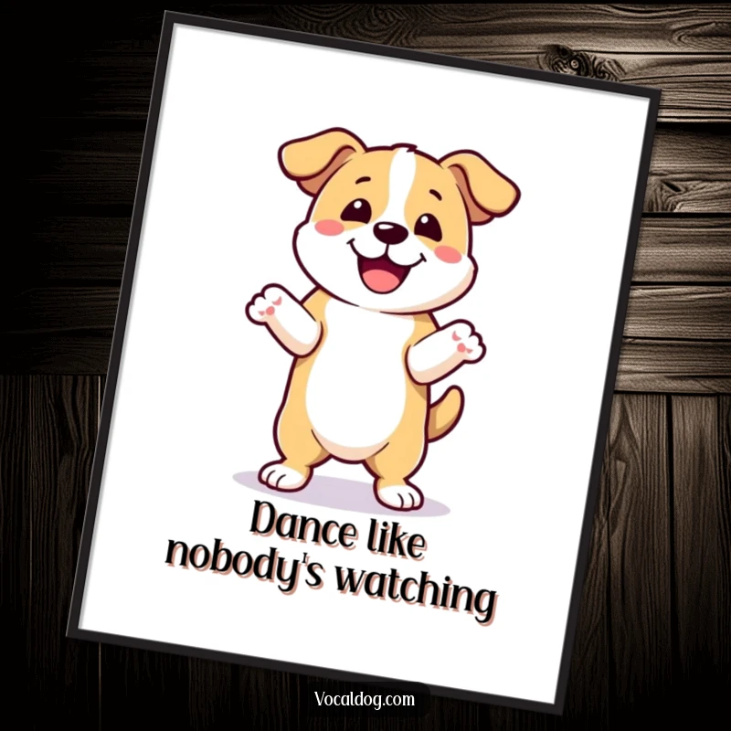 Funny happy dance dog poster capturing a dog's joyful dance with front paws raised, radiating pure excitement and fun. Excellent funny gift.