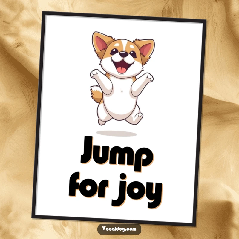 Funny dog poster, depicting a dog captured in a high jump with an expression of pure, unadulterated elation and ecstatic happiness.