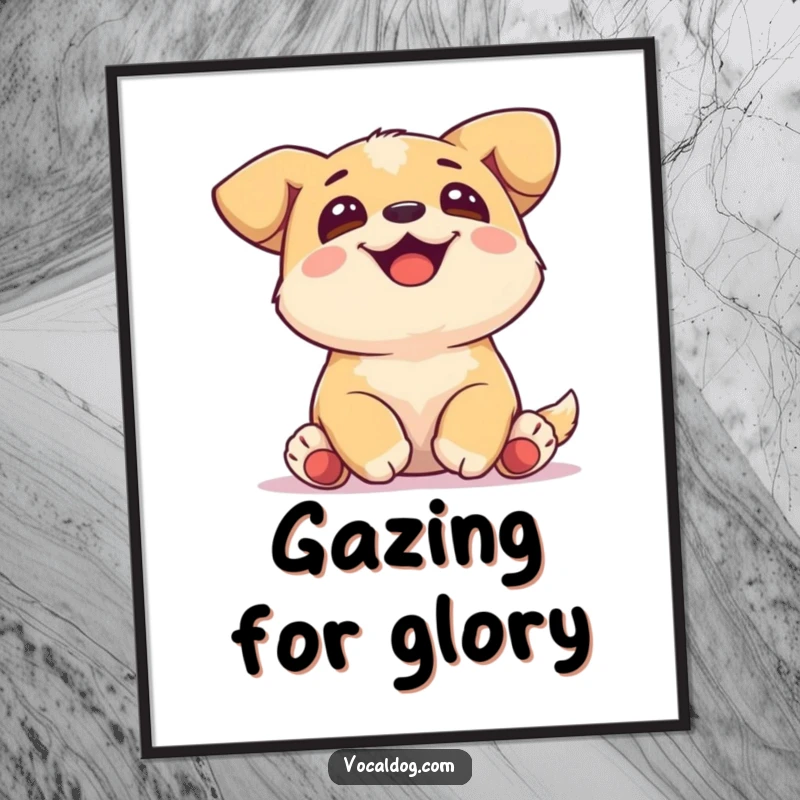 Funny Poster of a joyful dog with paws tucked, gazing upwards with serene bliss, perfect for inspiring decor.