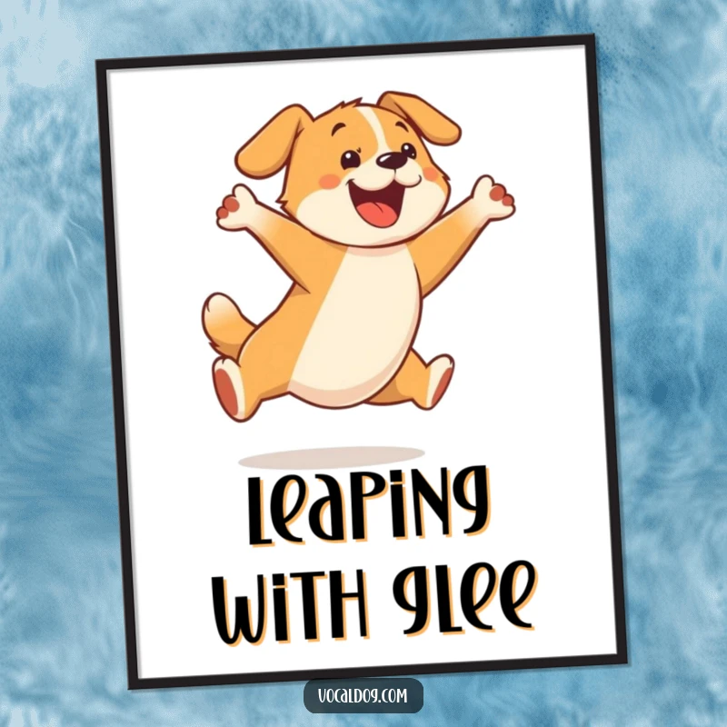 Funny poster art of a dog character captured in a dynamic, joyful leap, showcasing pure canine delight.