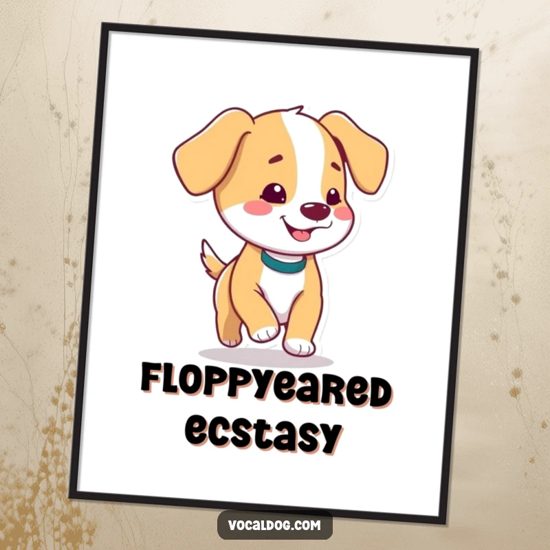 Funny poster featuring a dog with charming floppy ears prancing with absolute joy and delight, radiating happiness.