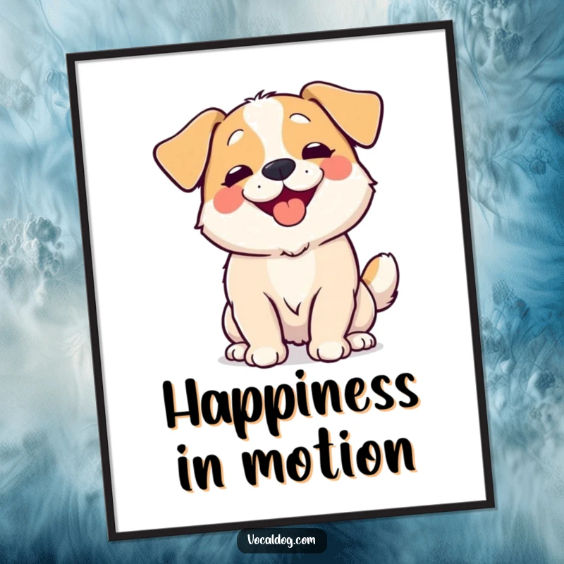 Funny Poster featuring a dog wiggling its entire body with overwhelming happiness, a humorous illustration of pure canine bliss.