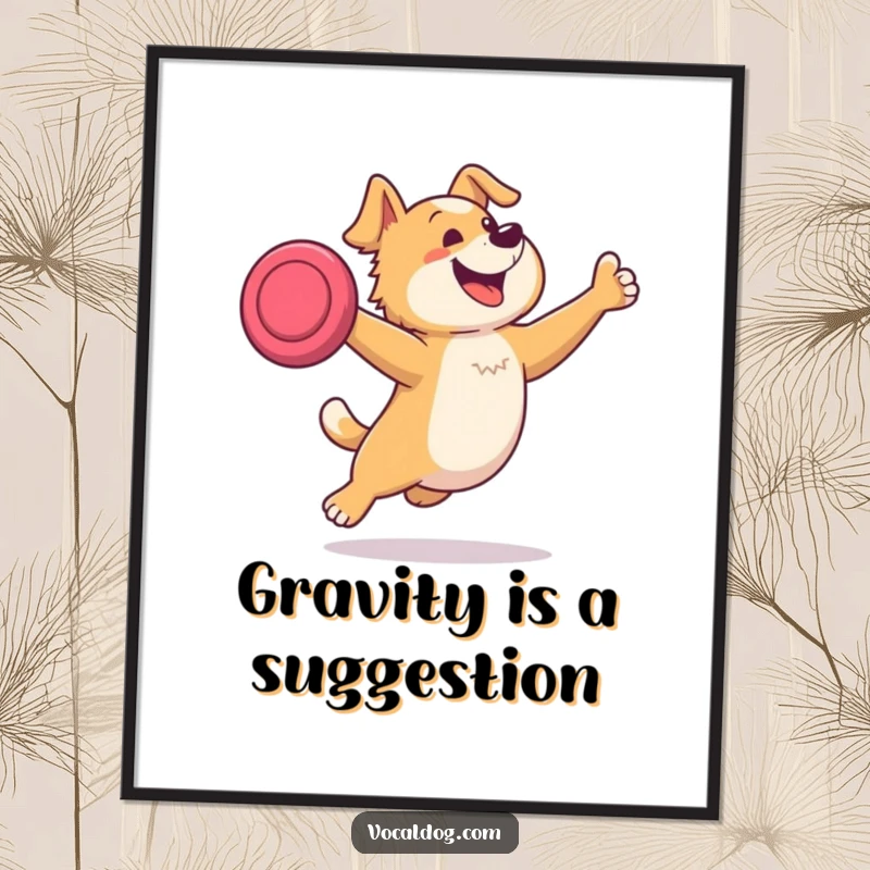 Funny poster displaying a dog mid-leap, comically reaching for a frisbee with extreme joy and focus, perfect for adding playful energy.