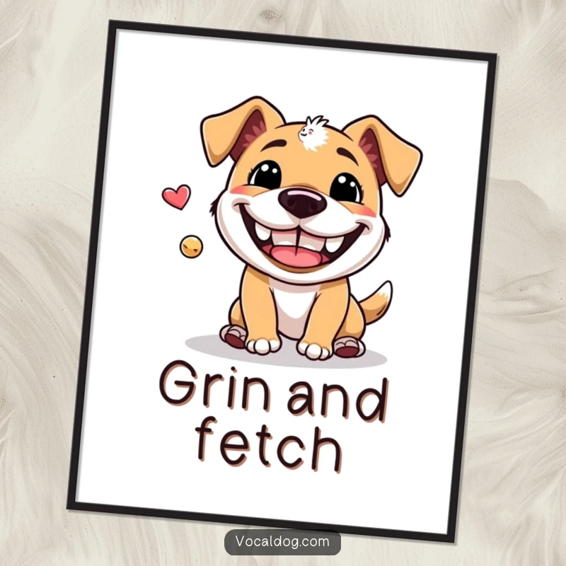 Funny Poster: High-quality print of a dog playing fetch, captured mid-air with an impossibly large, joyful grin, full of playful energy.