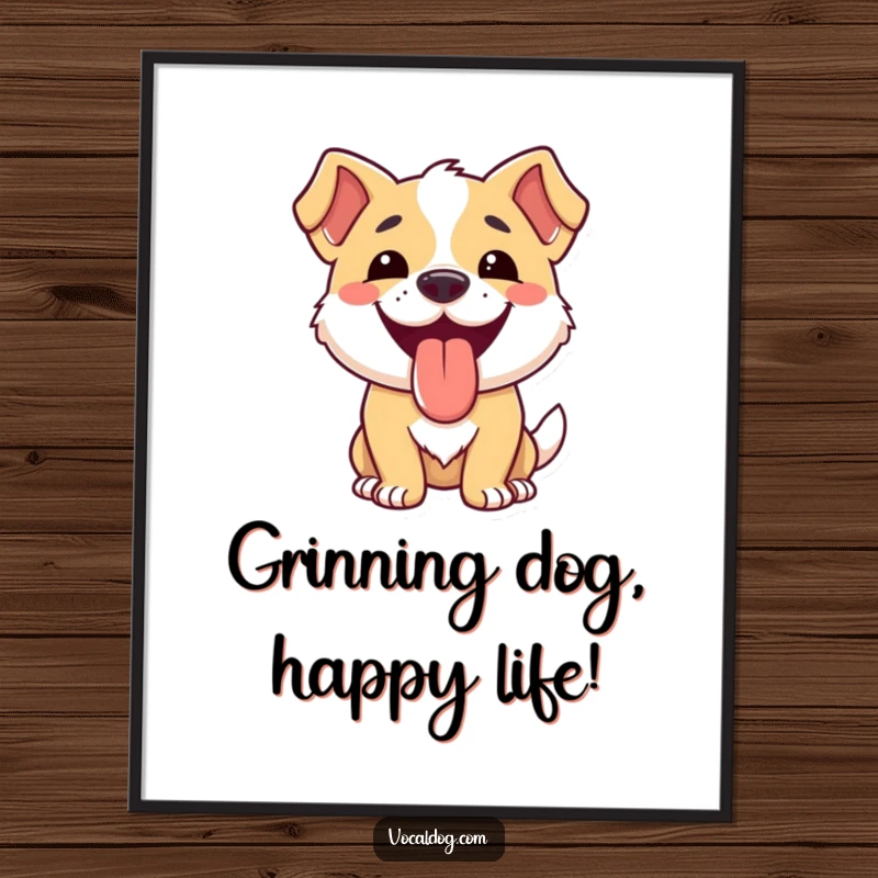 Funny dog poster illustrating a dog's broad smile and hanging tongue, radiating pure, infectious happiness.