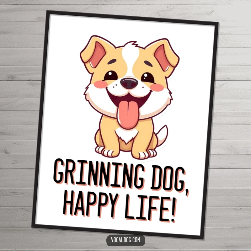 Funny dog poster illustrating a dog's broad smile and hanging tongue, radiating pure, infectious happiness.