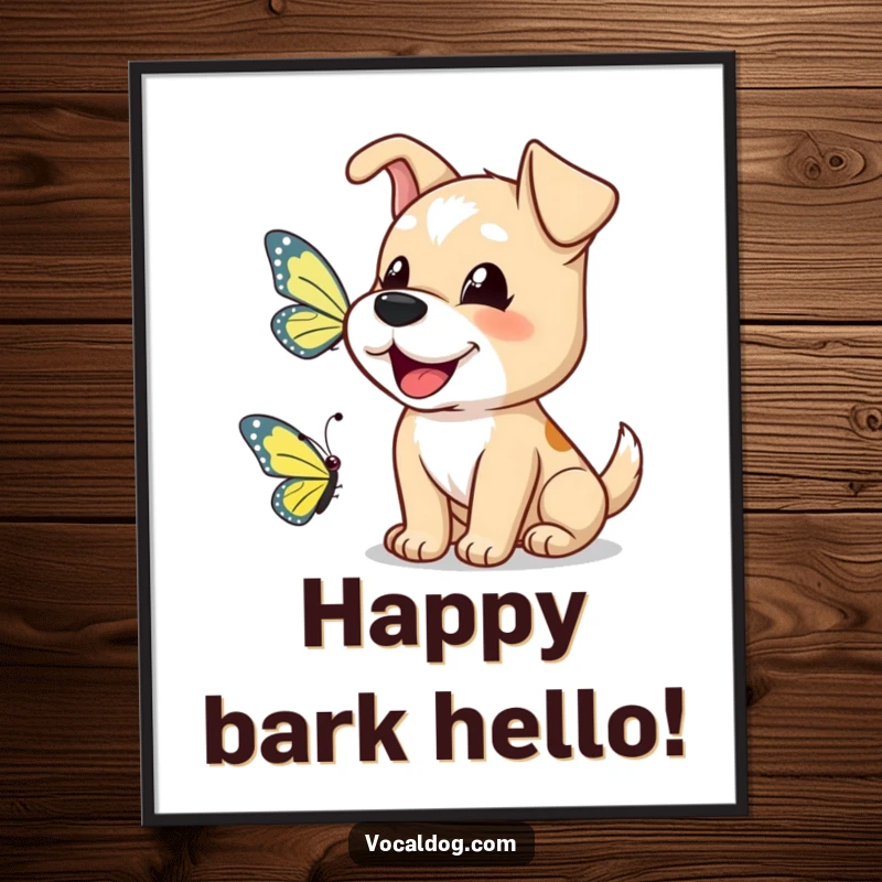 Funny dog poster showing a happy dog barking cheerfully at a butterfly, symbolizing friendship and nature's beauty.